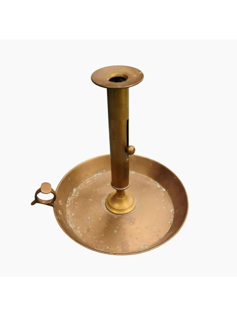 Primitive Antique Brass Candle Stick Holder Adjustable Chamberstick w Handle 12"